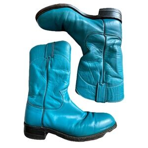 VTG Justin Roper Boots Womens 6B Leather Cowboy Teal Turquoise‎ Western USA